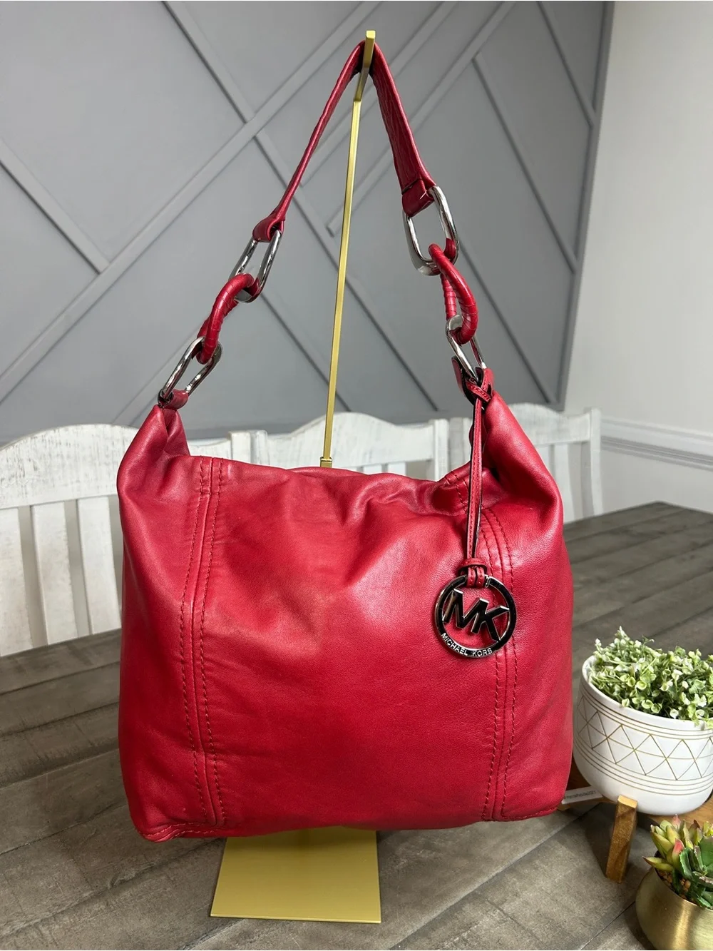 Michael Kors Red Leather Slouchy Hobo Shoulder Bag Silver Chain Accent